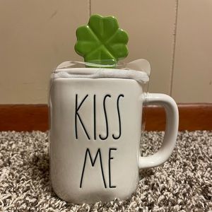 Rae Dunn Kiss Me mug with shamrock topper